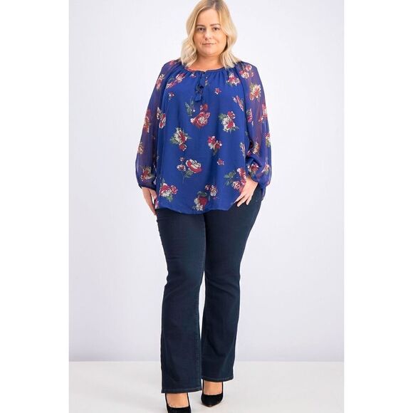 Lucky Brand 2X Womens Plus Size Floral Print Slash Neck Pullover Top, Blue - Picture 2 of 8